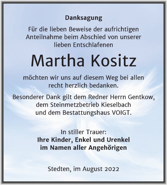 Traueranzeige von Martha Kositz von Trauerkombi Mansfelder Land