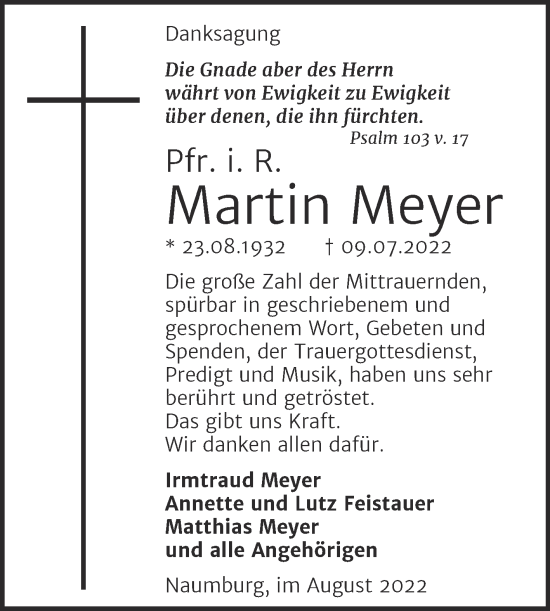 Traueranzeige von Martin Meyer von Naumburger Tageblatt
