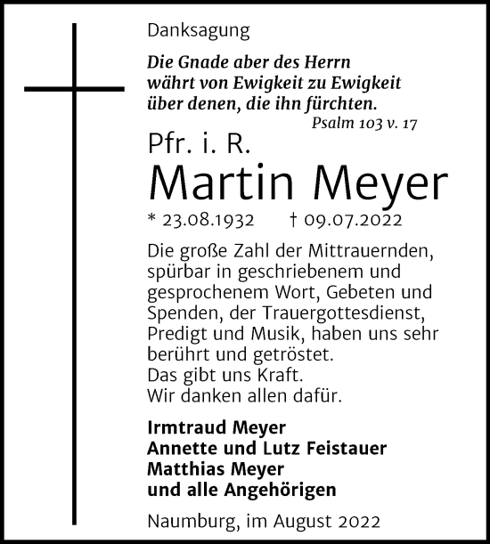 Traueranzeige von Martin Meyer von Wochenspiegel Naumburg/Nebra