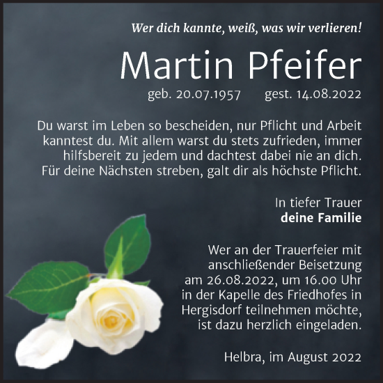 Traueranzeige von Martin Pfeifer von Trauerkombi Mansfelder Land