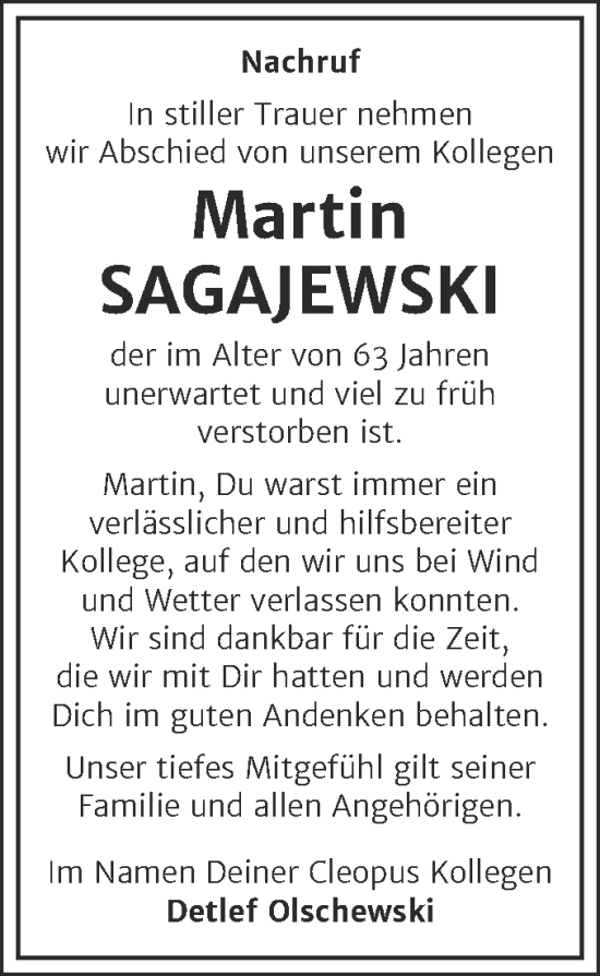 Traueranzeige von Martin Sagajewski von Trauerkombi Zeitz