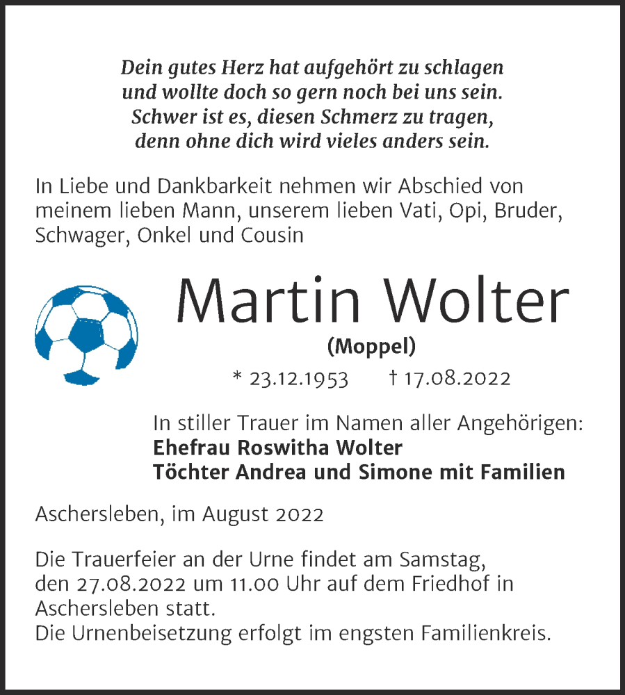  Traueranzeige für Martin Wolter vom 24.08.2022 aus Trauerkombi Aschersleben