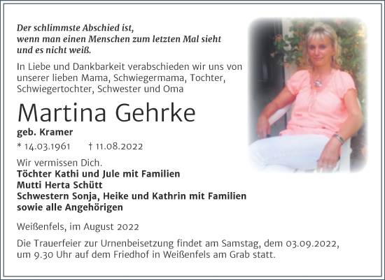 Traueranzeige von Martina Gehrke von Trauerkombi Weißenfels