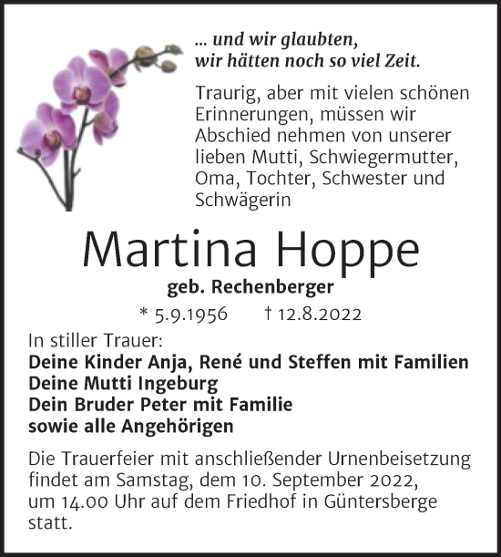 Traueranzeige von Martina Hoppe von Trauerkombi Quedlinburg