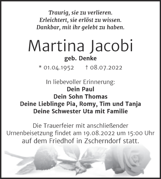 Traueranzeige von Martina Jacob von Trauerkombi Bitterfeld