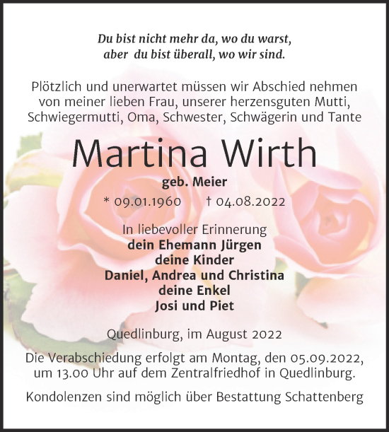 Traueranzeige von Martina Wirth von Trauerkombi Quedlinburg