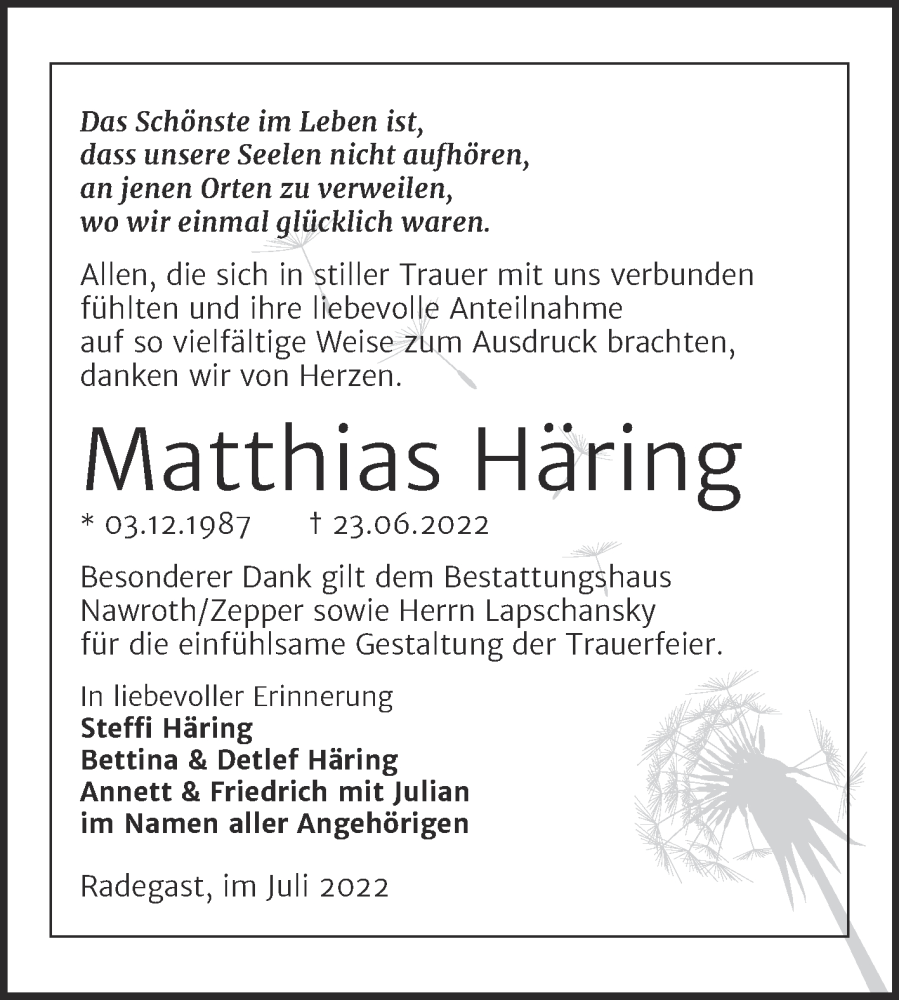  Traueranzeige für Matthias Häring vom 06.08.2022 aus Trauerkombi Bitterfeld