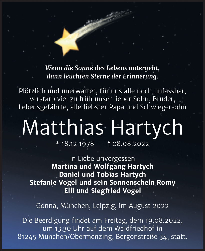 Traueranzeige für Matthias Hartych vom 17.08.2022 aus Mitteldeutsche Zeitung Sangerhausen