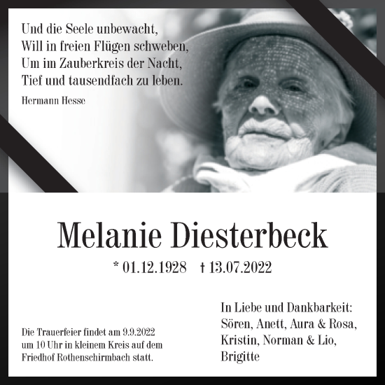 Traueranzeige von Melanie Diesterbeck von Trauerkombi Mansfelder Land