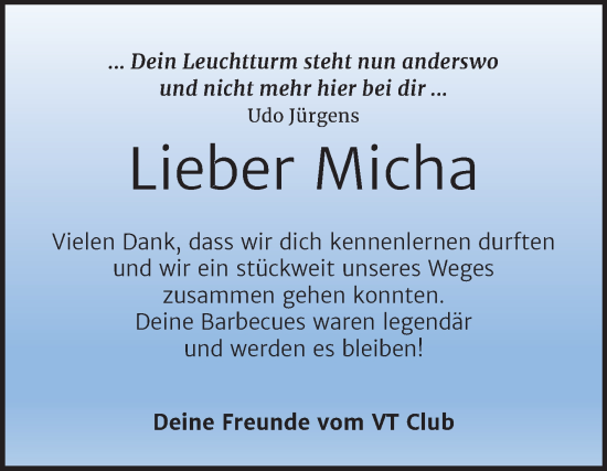 Traueranzeige von Micha  von Trauerkombi Bernburg