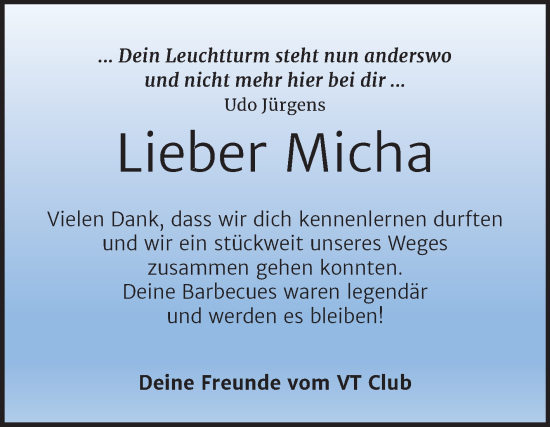 Traueranzeige von Micha  von Trauerkombi Bernburg