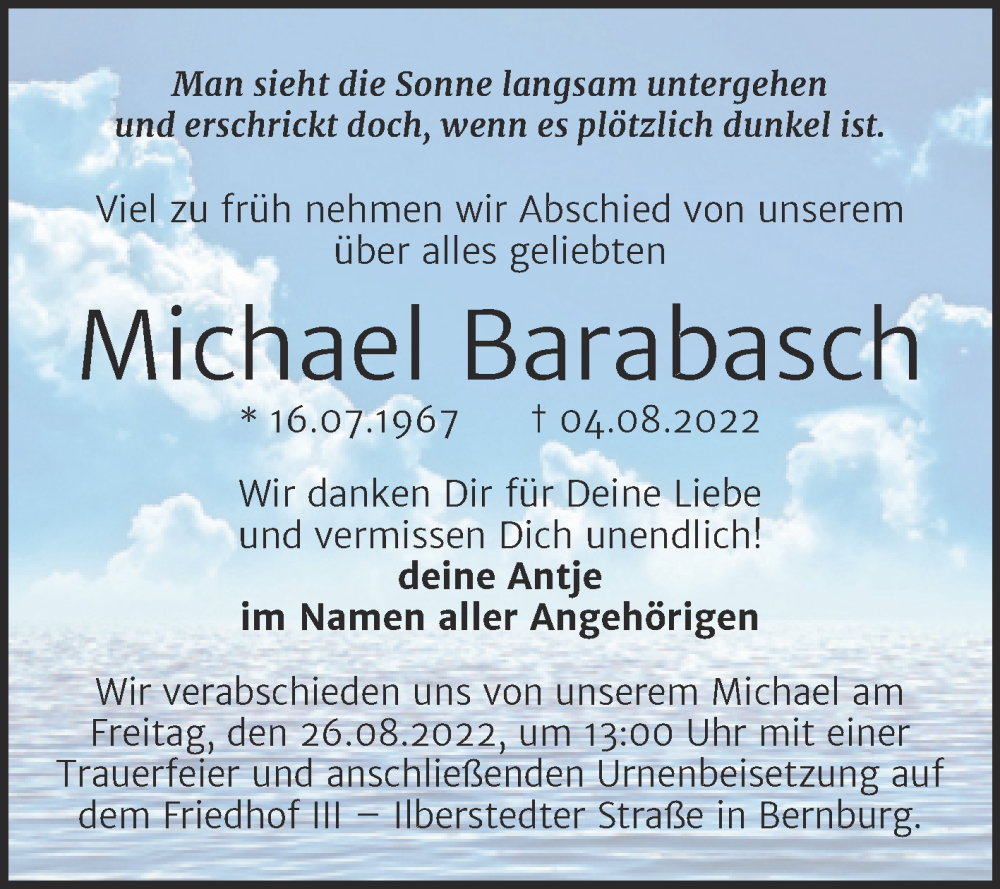  Traueranzeige für Michael Barabasch vom 13.08.2022 aus Trauerkombi Bernburg