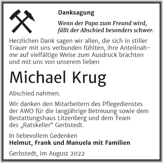 Traueranzeige von Michael Krug von Trauerkombi Mansfelder Land