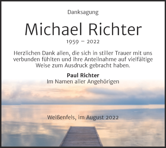Traueranzeige von Michael Richter von Mitteldeutsche Zeitung Weißenfels