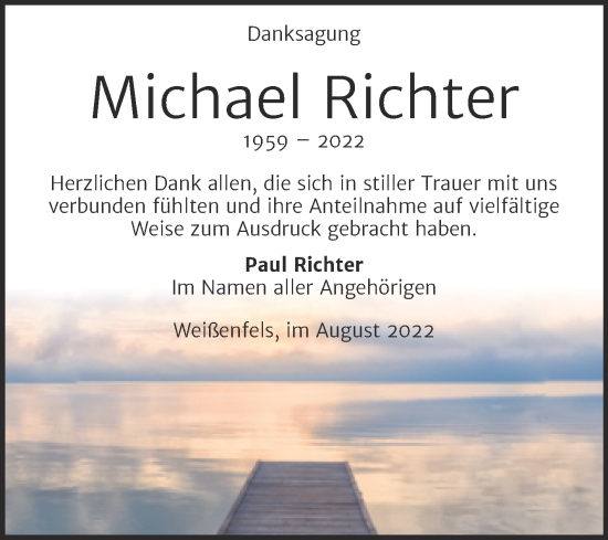 Traueranzeige von Michael Richter von Mitteldeutsche Zeitung Weißenfels