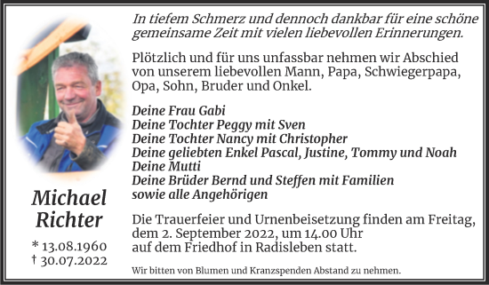 Traueranzeige von Michael Richter von Trauerkombi Quedlinburg