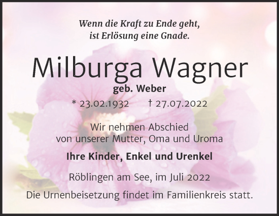 Traueranzeige von Milburga Wagner von Trauerkombi Mansfelder Land