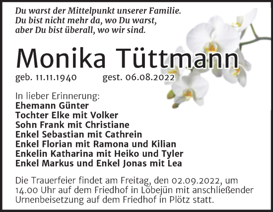 Traueranzeige von Monika Tüttmann von Mitteldeutsche Zeitung Halle/Saalkreis