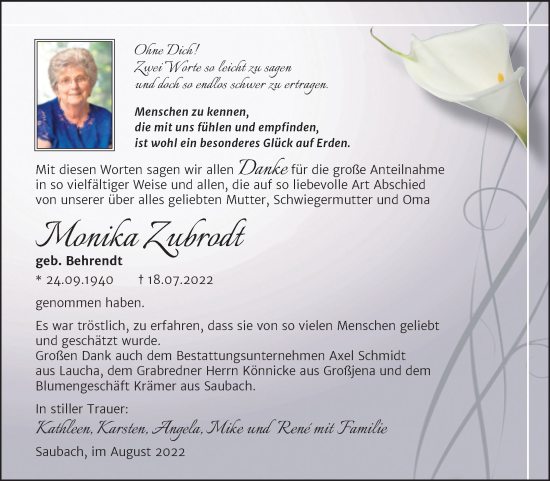 Traueranzeige von Monika Zubrodt von Wochenspiegel Naumburg/Nebra