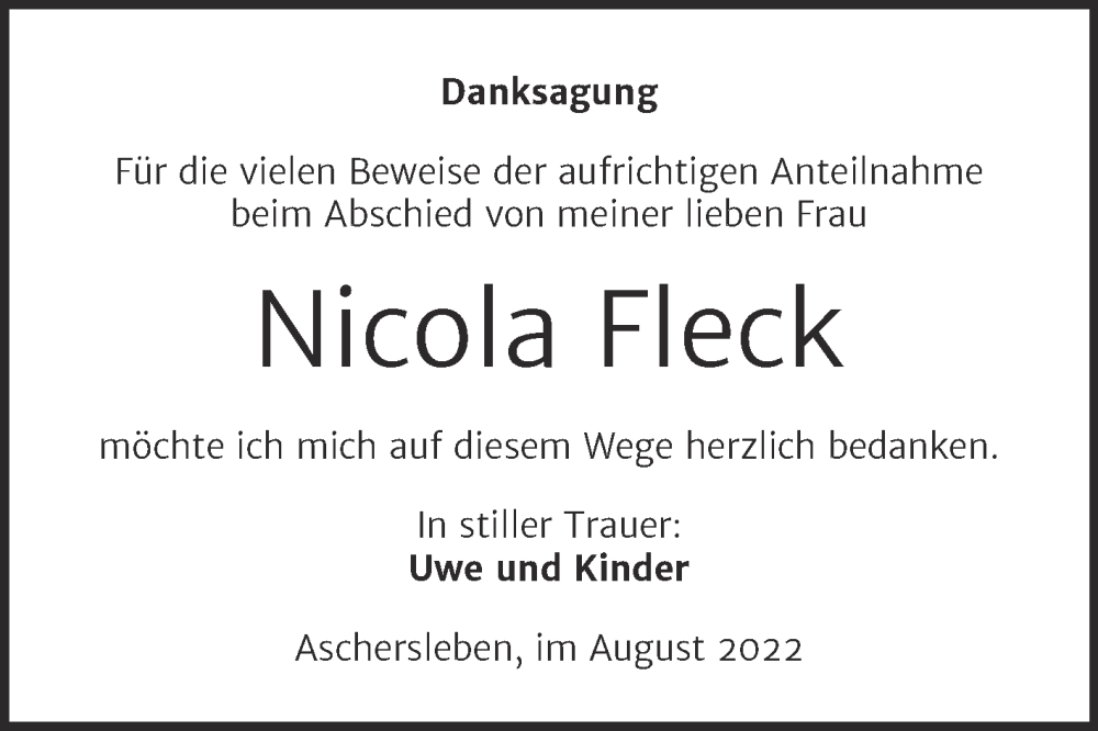  Traueranzeige für Nicola Fleck vom 04.08.2022 aus Trauerkombi Aschersleben