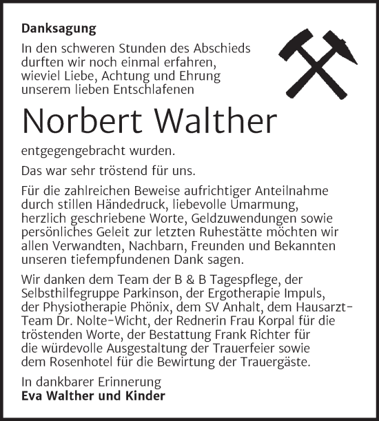 Traueranzeige von Norbert Walther von Trauerkombi Sangerhausen