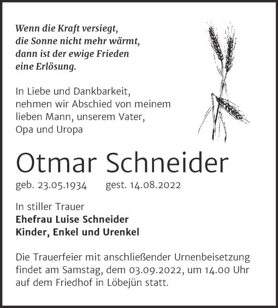 Traueranzeige von Otmar Schneider von Mitteldeutsche Zeitung Halle/Saalkreis