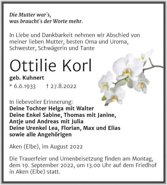 Traueranzeige von Ottilie Korl von Trauerkombi Köthen