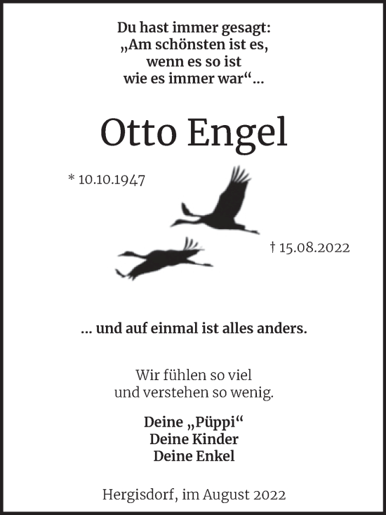 Traueranzeige von Otto Engel von Trauerkombi Mansfelder Land