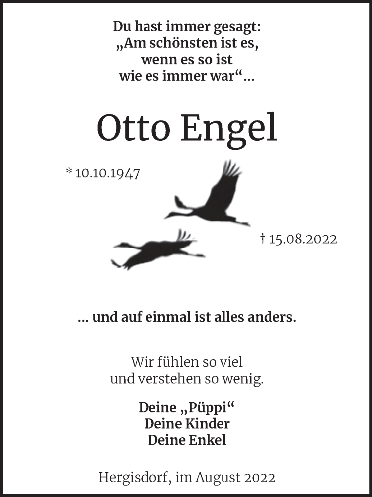  Traueranzeige für Otto Engel vom 20.08.2022 aus Trauerkombi Mansfelder Land