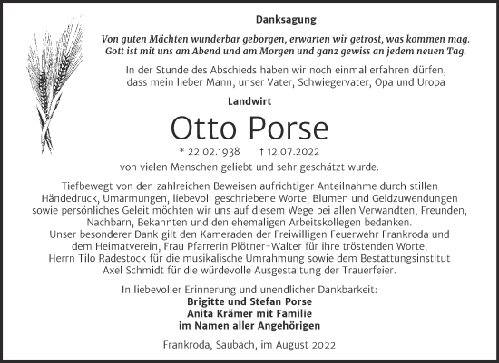 Traueranzeige von Otto Porse von Wochenspiegel Naumburg/Nebra