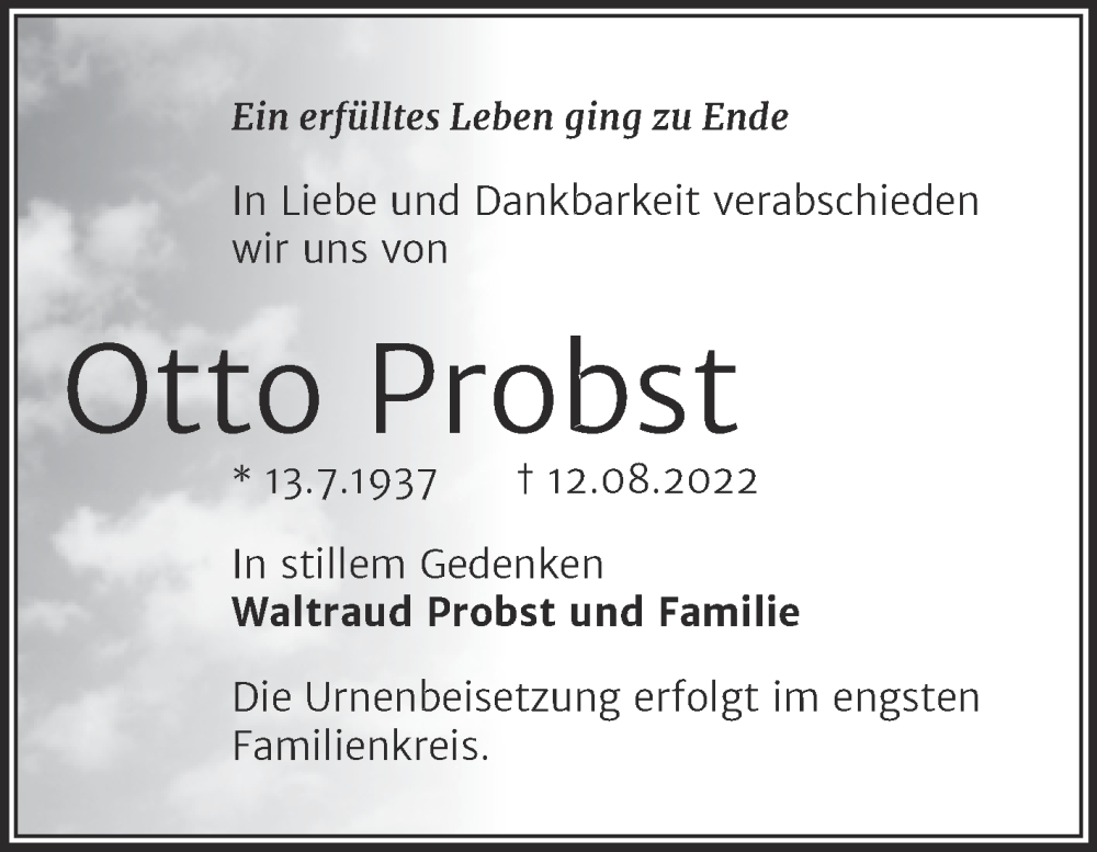  Traueranzeige für Otto Probst vom 20.08.2022 aus Trauerkombi Mansfelder Land