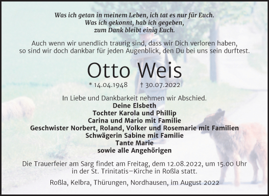 Traueranzeige von Otto Weis von Trauerkombi Sangerhausen