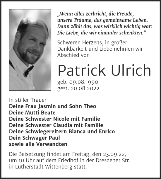 Traueranzeige von Patrick Ulrich von Trauerkombi Wittenberg