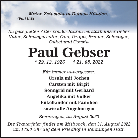 Traueranzeige von Paul Gebser von Trauerkombi Sangerhausen