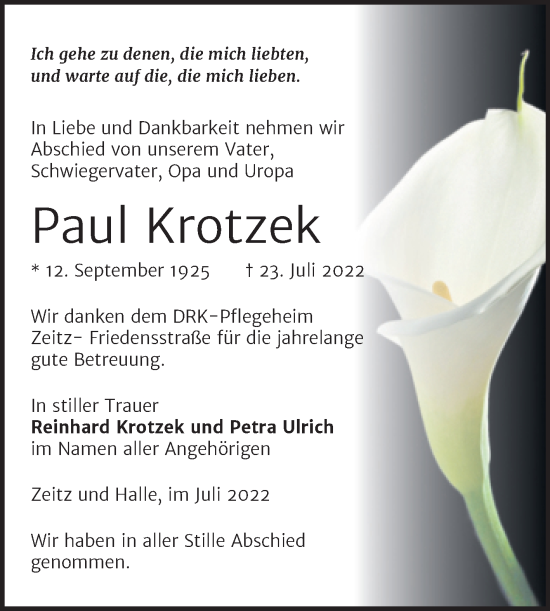 Traueranzeige von Paul Krotzek von Trauerkombi Zeitz