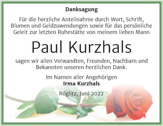 Traueranzeige von Paul Kurzhals von Trauerkombi Merseburg