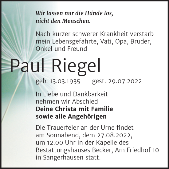 Traueranzeige von Paul Riegel von Trauerkombi Sangerhausen