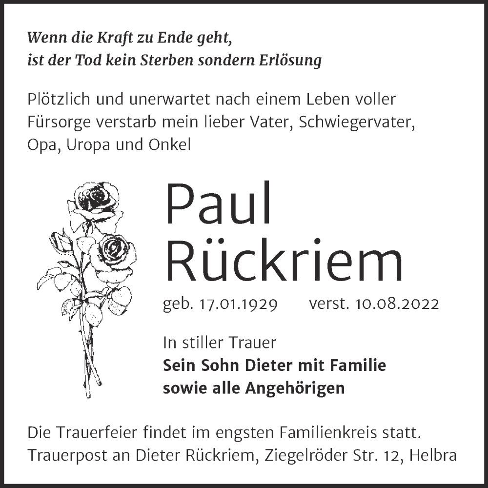  Traueranzeige für Paul Rückriem vom 19.08.2022 aus Trauerkombi Mansfelder Land