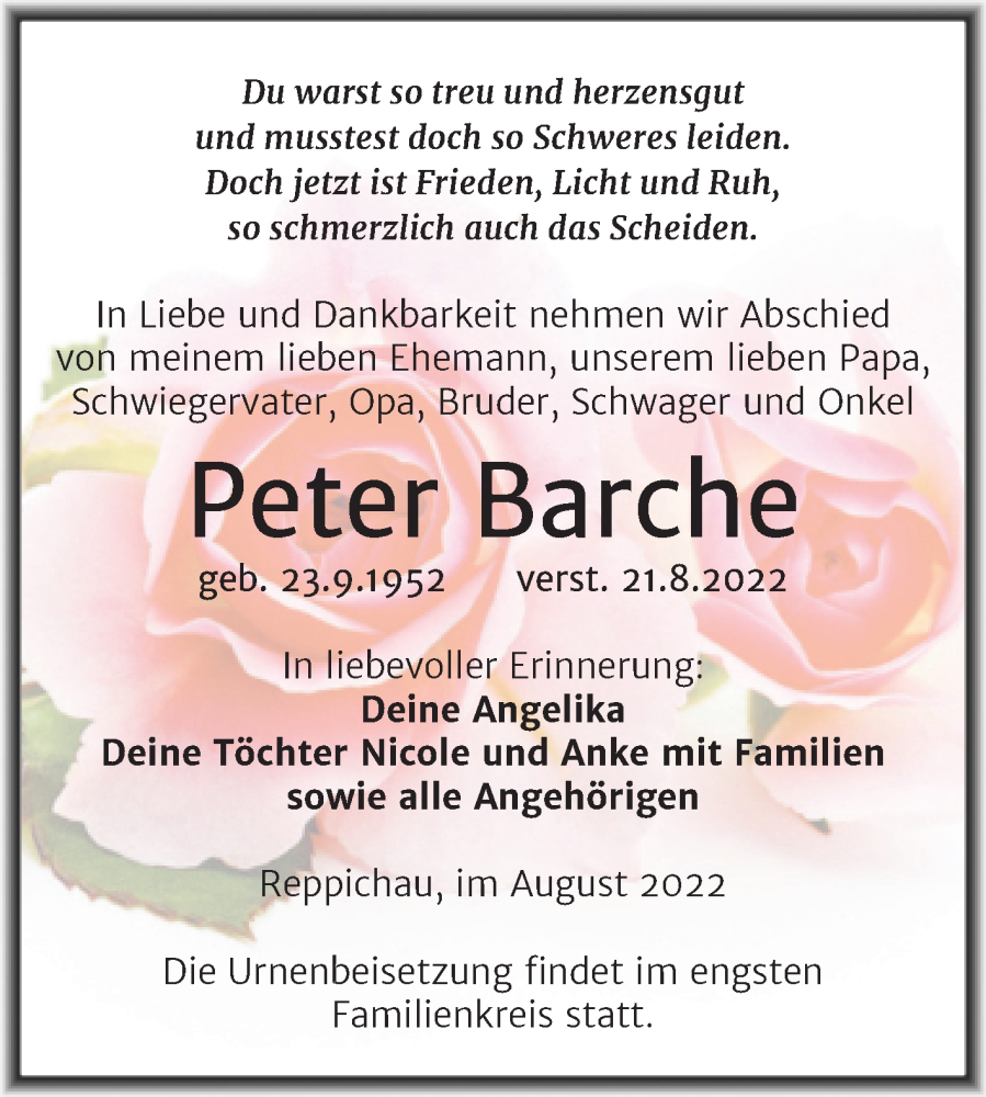 Traueranzeige für Peter Barche vom 26.08.2022 aus Trauerkombi Köthen