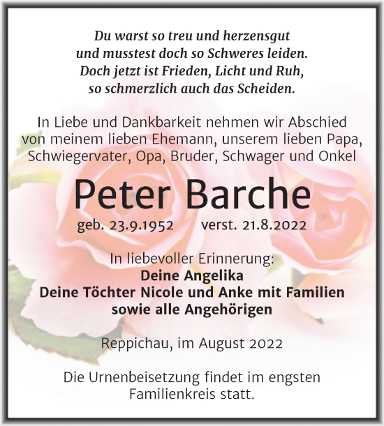 Traueranzeige von Peter Barche von Trauerkombi Köthen