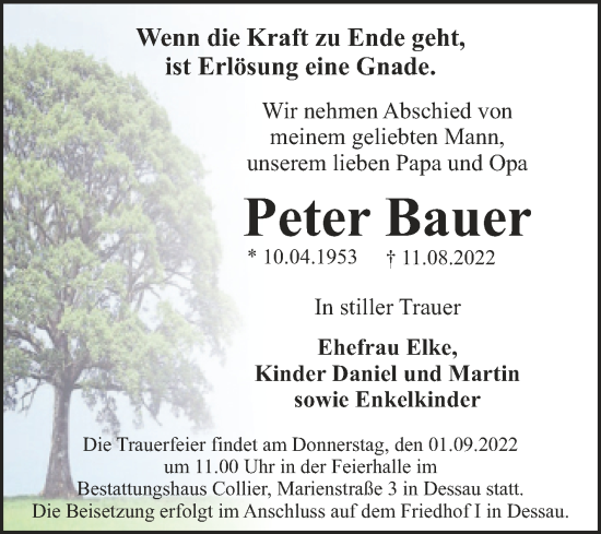 Traueranzeige von Peter Bauer von Trauerkombi Dessau