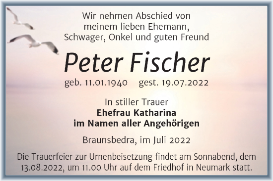 Traueranzeige von Peter Fischer von Trauerkombi Merseburg