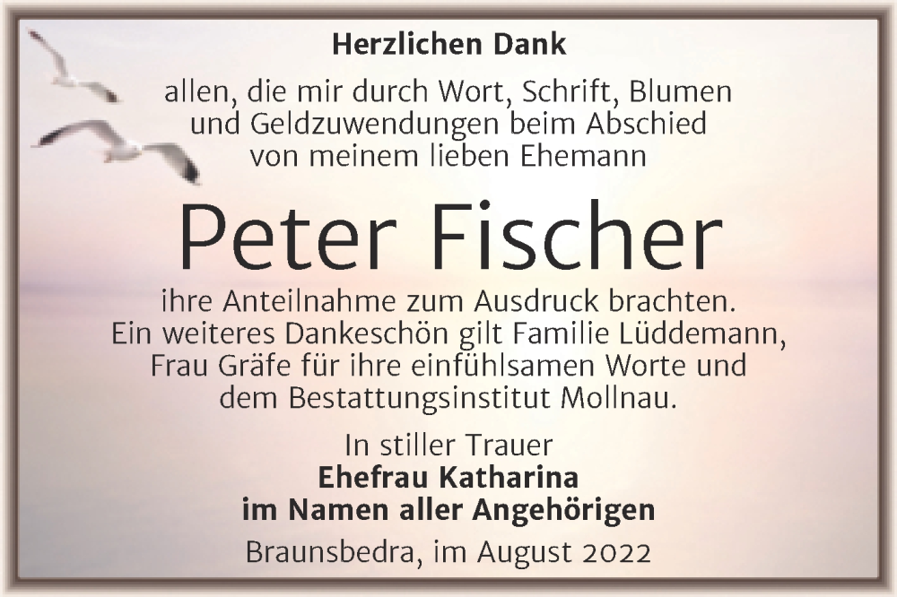  Traueranzeige für Peter Fischer vom 20.08.2022 aus Trauerkombi Merseburg