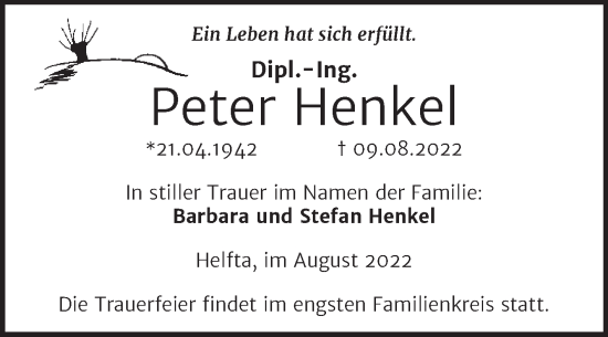 Traueranzeige von Peter Henkel von Trauerkombi Mansfelder Land