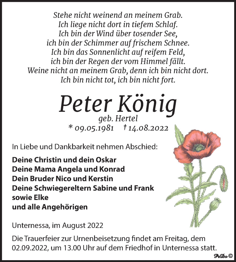  Traueranzeige für Peter König vom 20.08.2022 aus Trauerkombi Weißenfels