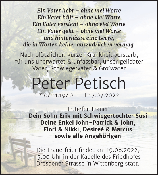 Traueranzeige von Peter Petisch von Trauerkombi Wittenberg