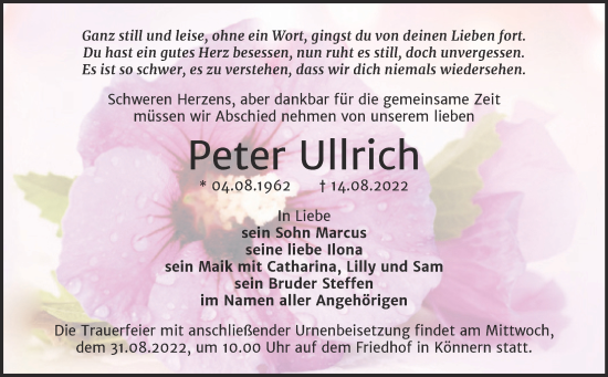 Traueranzeige von Peter Ullrich von Trauerkombi Bernburg