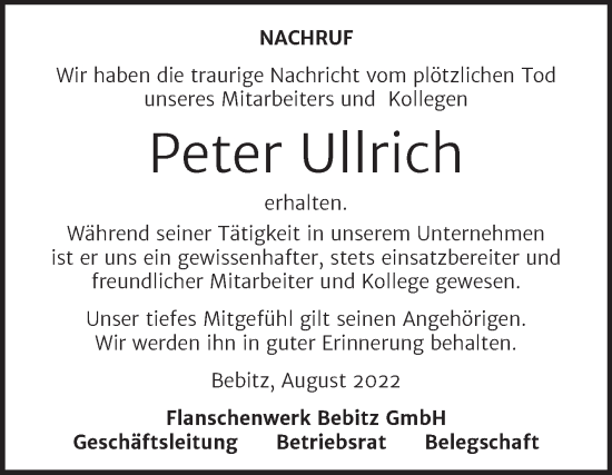 Traueranzeige von Peter Ullrich von Mitteldeutsche Zeitung Bernburg