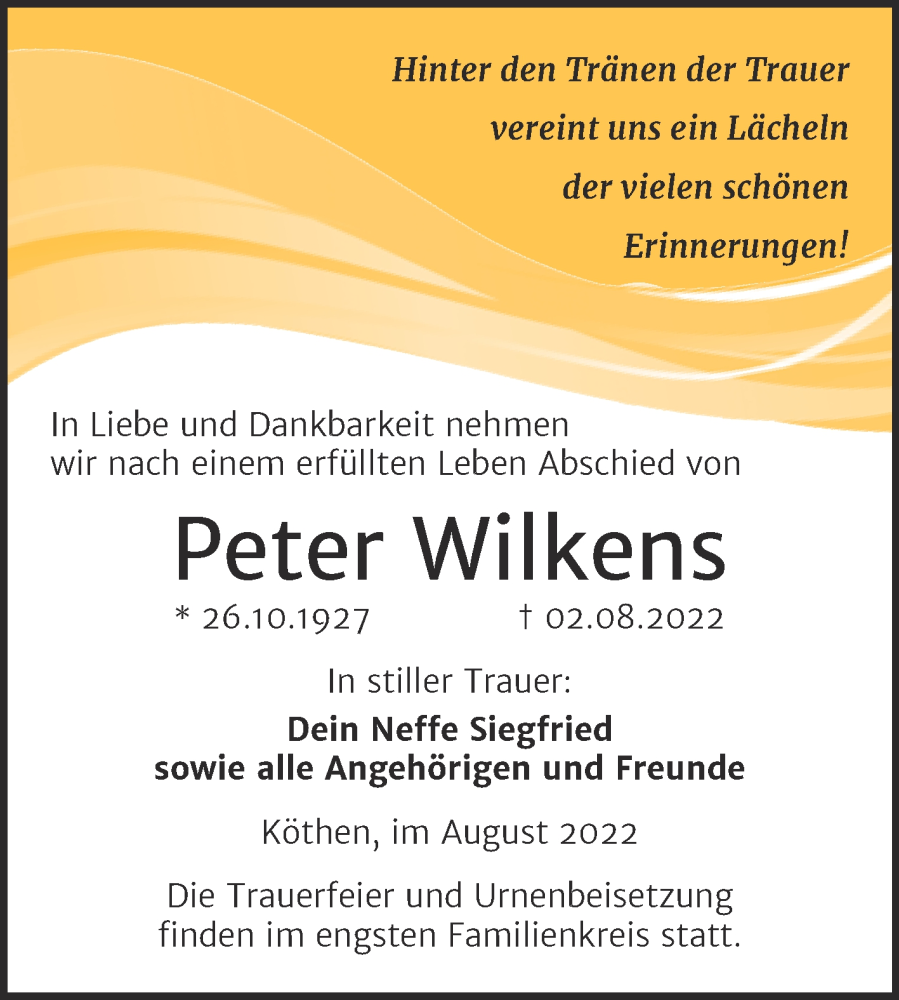  Traueranzeige für Peter Wilkens vom 06.08.2022 aus Trauerkombi Köthen