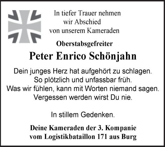 Traueranzeige von Peter Enrico Schönjahn von Mitteldeutsche Zeitung Dessau-Roßlau